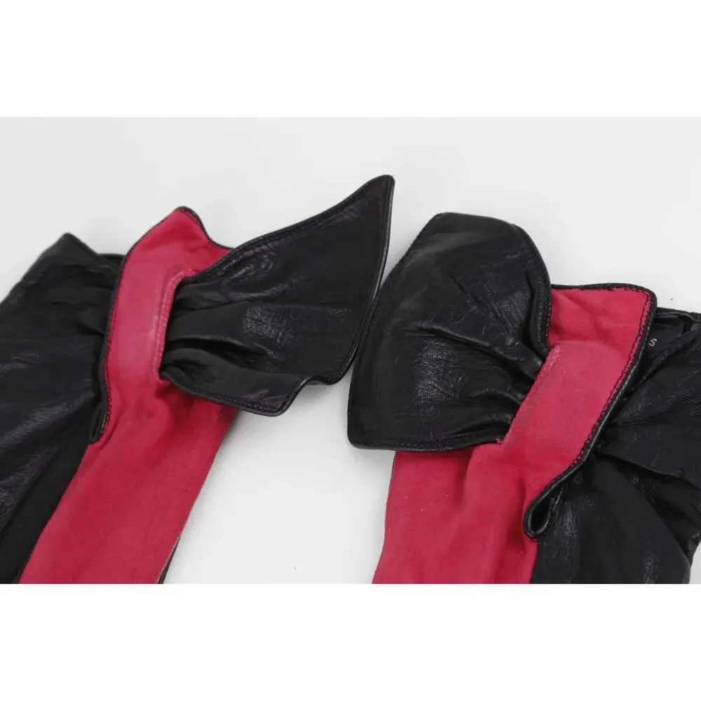 RARE Vintage Pierre Cardin Red Black Leather Suede Bow Gloves Size 7.5 France